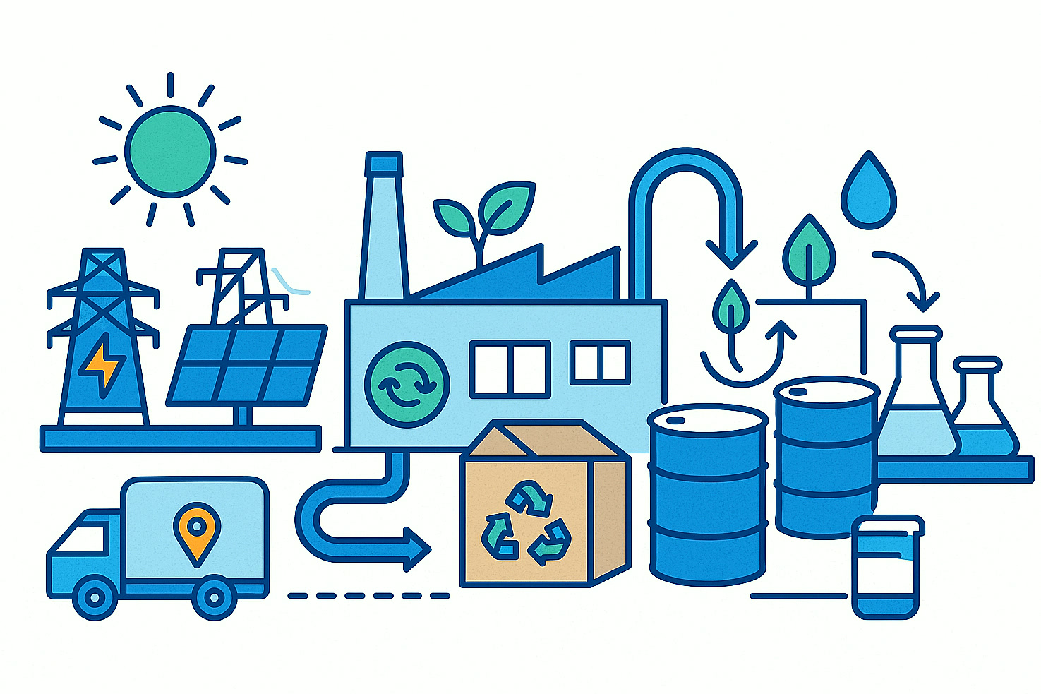Illustration of environmental sustainability in specialty chemicals operations with renewable energy, water loops, packaging reuse and logistics