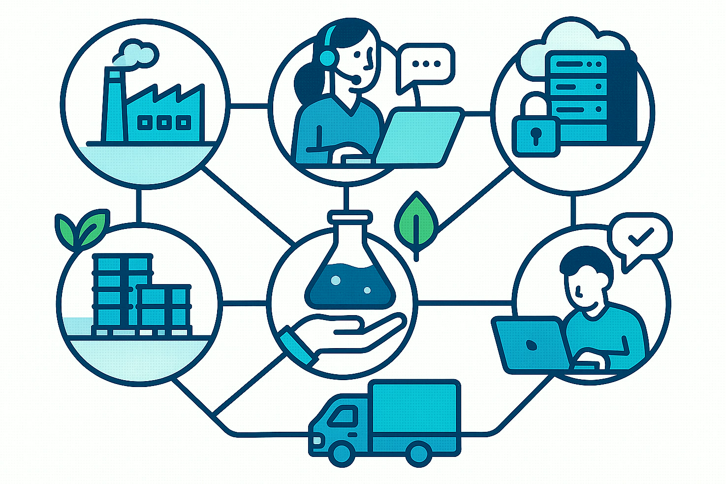 Illustration of sustainable business practices across production, office, logistics, consulting and IT services