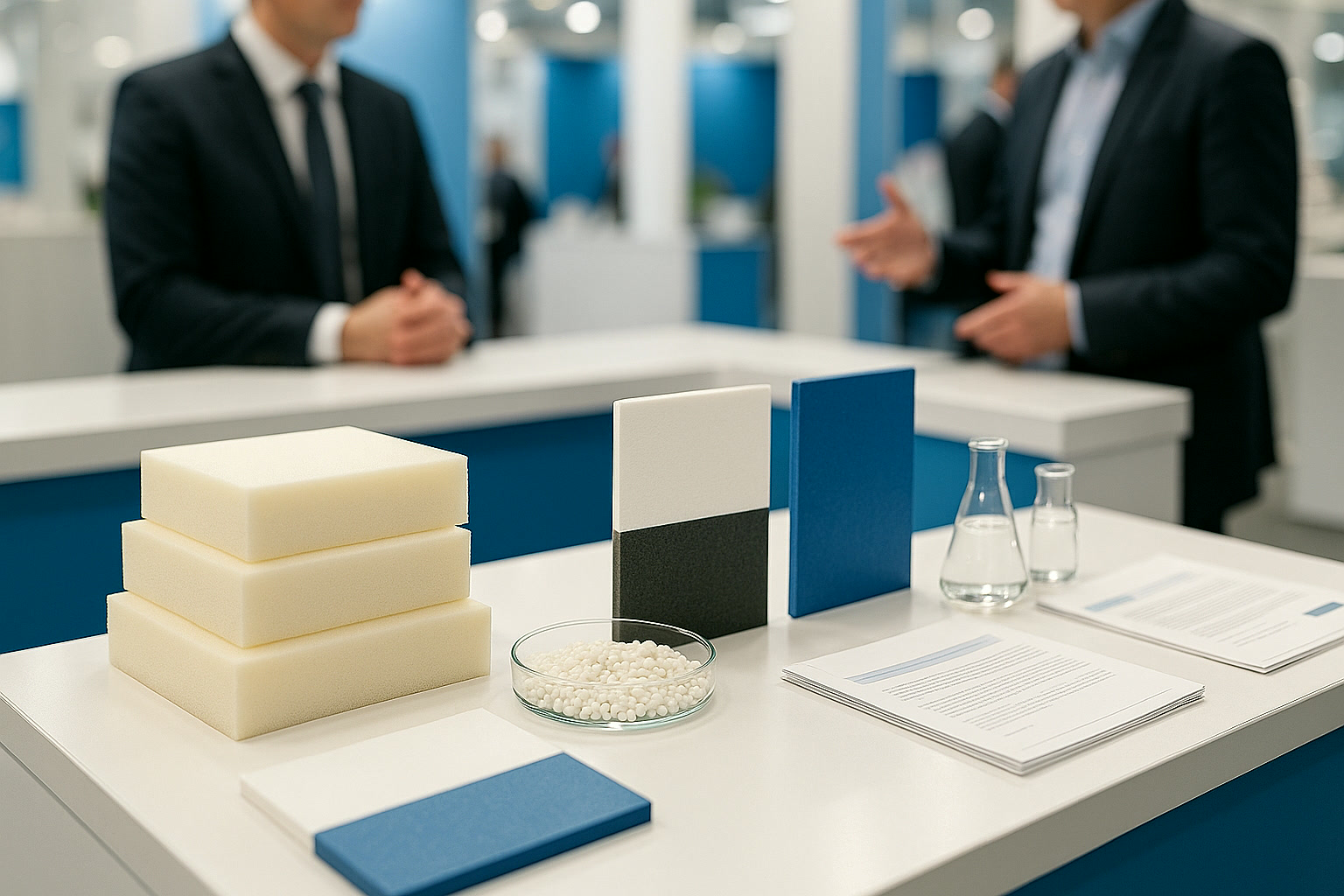 Foam and polymer samples on a trade show counter