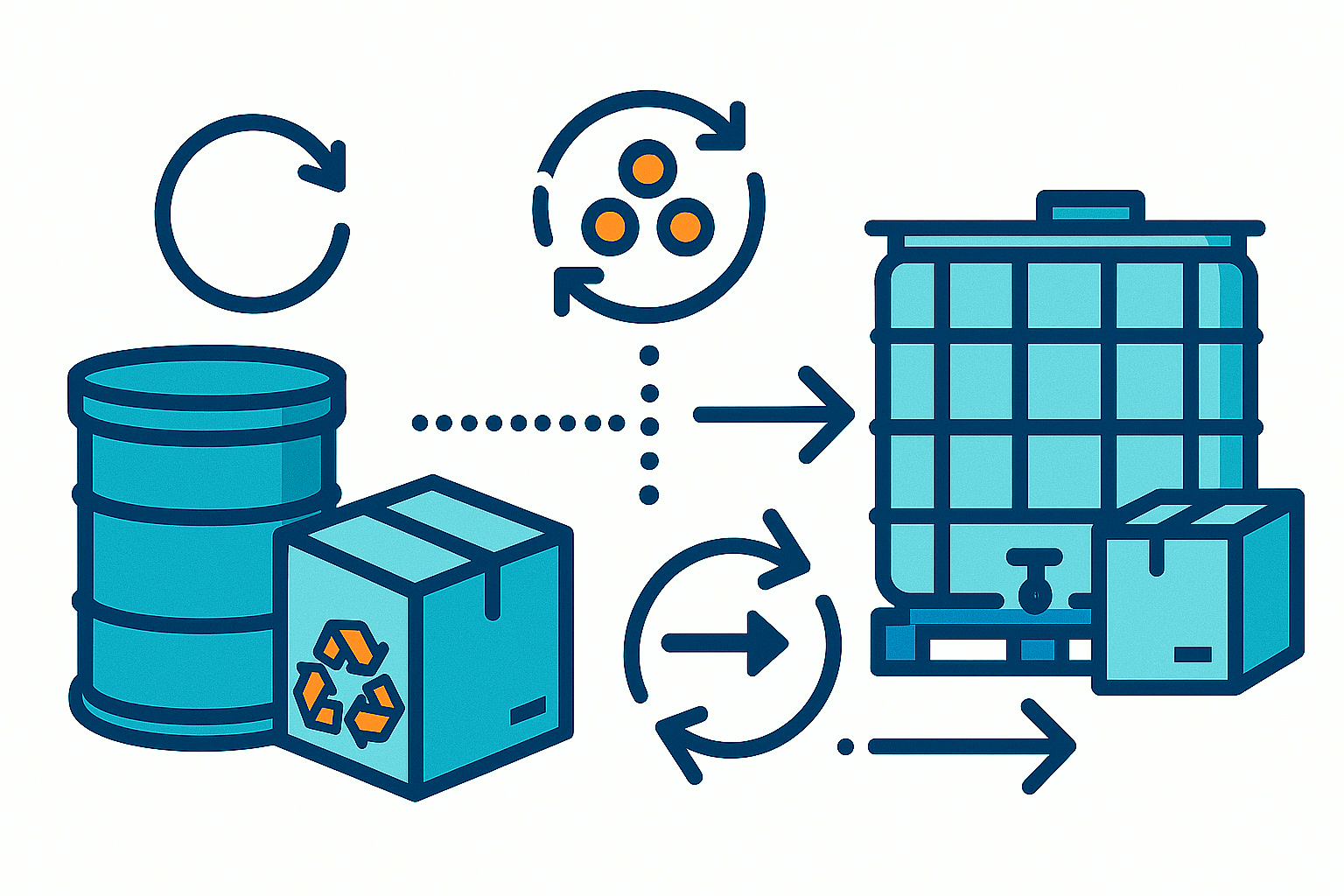 Illustration of reusable containers, recycled pellets and packaging in a clean logistics setting