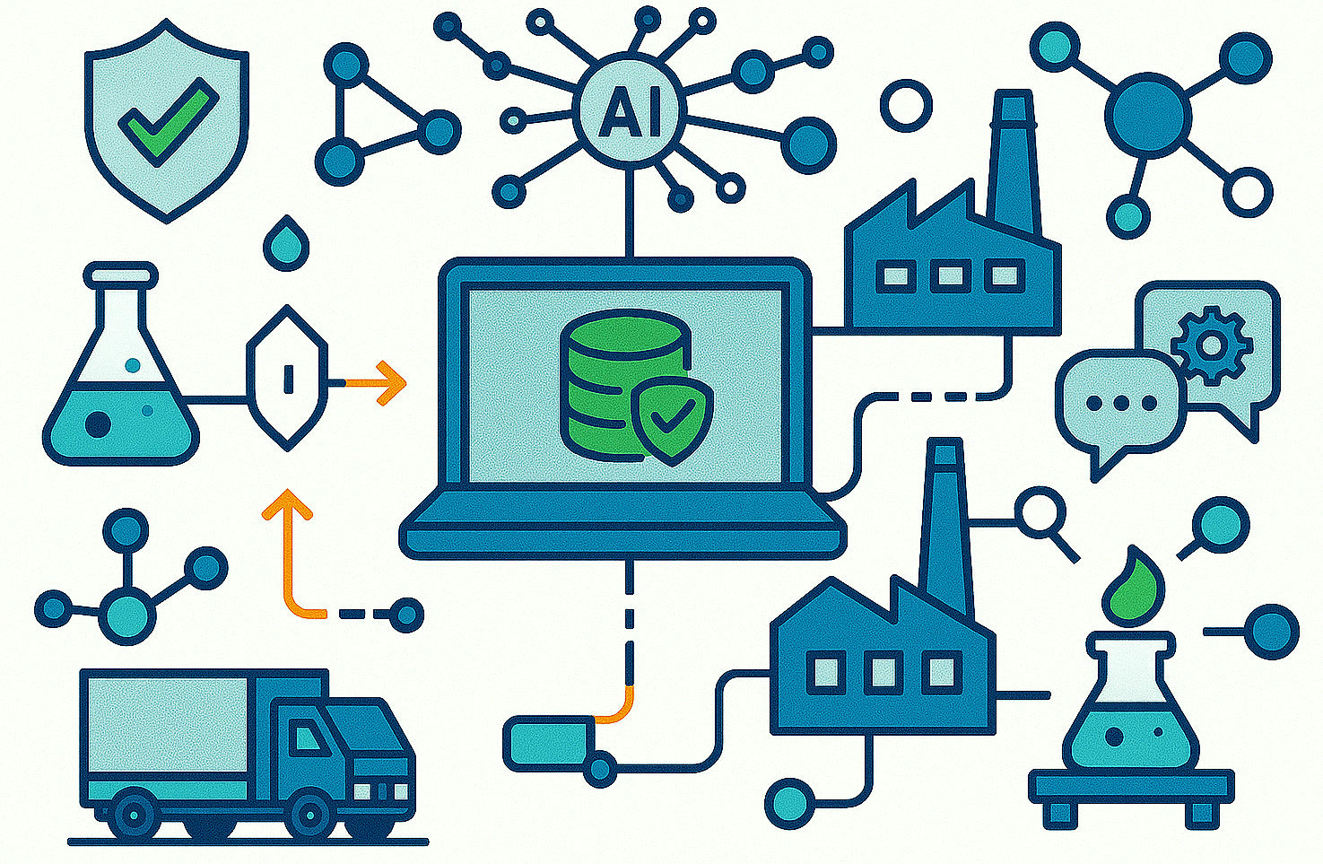 Illustration of secure company-controlled digital infrastructure connecting industrial operations, logistics and customer support