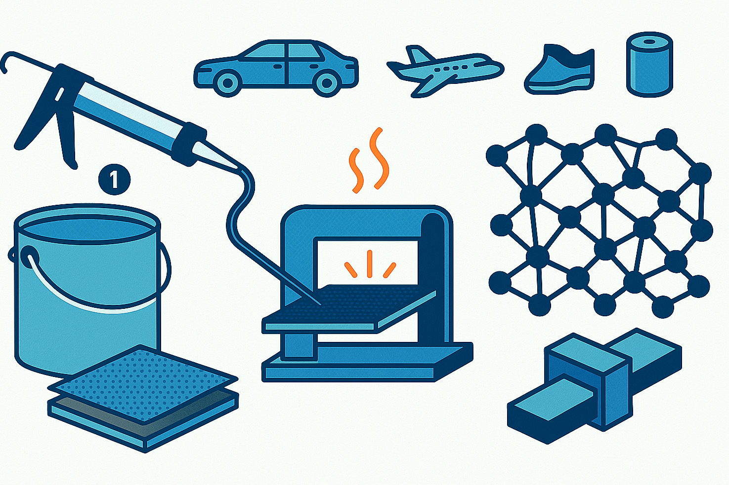 Illustration of a one-component adhesive process with heat activation and a final crosslinked bond network