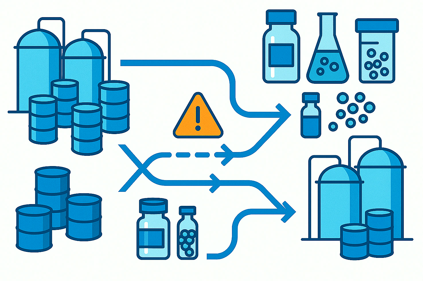 Illustration of redundant production, storage and logistics elements supporting industrial supply stability