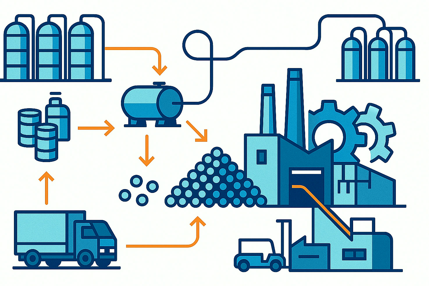 Illustration of multiple production sites and logistics routes supporting reliable specialty chemical supply